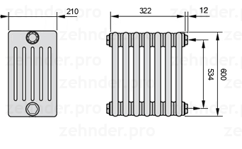 Схема (чертеж) Радиатор Zehnder Charleston 6060/7 №7610 Белый глянцевый RAL 9016